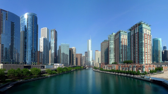 river, USA, cities, Chicago, water, panorama, city, houses, view