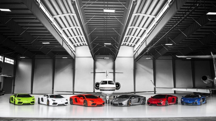 selective coloring, car, Lamborghini Aventador, hangar, aircraft