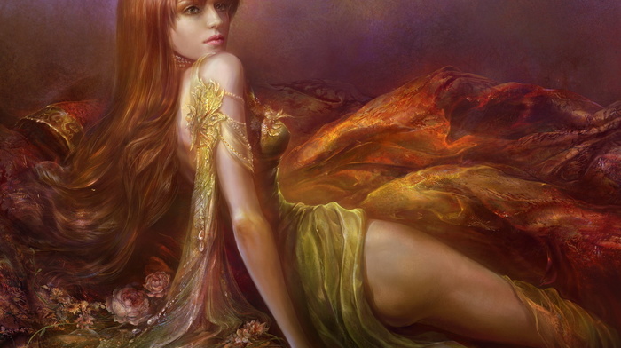 drawing, red hair, fantasy, beautiful girl