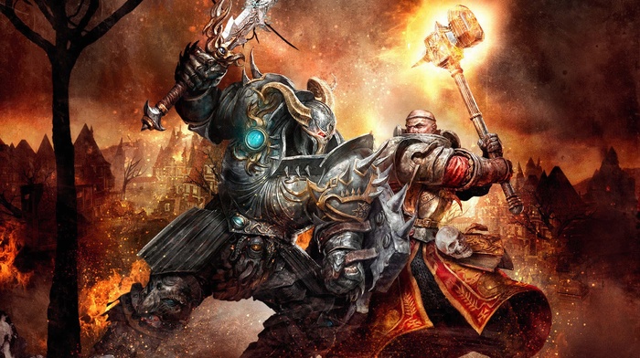 hammer, fighting, video games, fantasy weapons, fire, sword, Warhammer Online, dark fantasy, shields