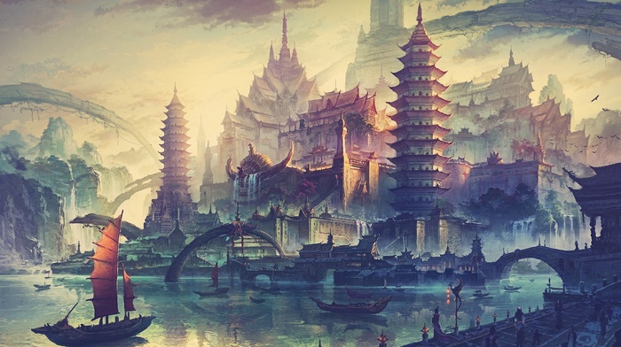 Asian architecture, boat, fantasy art, artwork