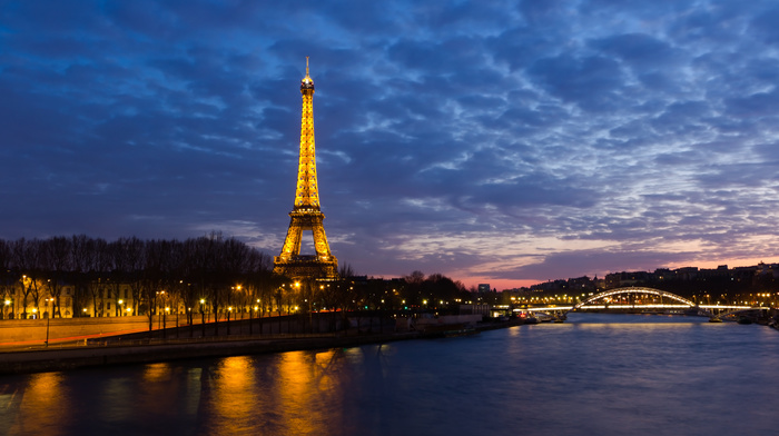 lights, cities, France, Paris, Eiffel Tower, river, night