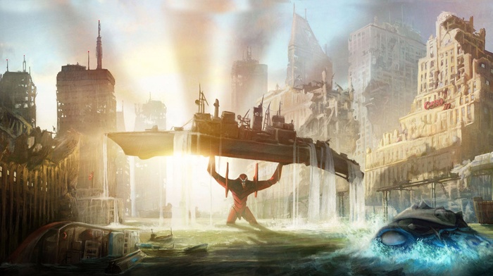 boat, cityscape, EVA Unit 02, sunlight, anime, Neon Genesis Evangelion, ship, destruction, water, robot, city