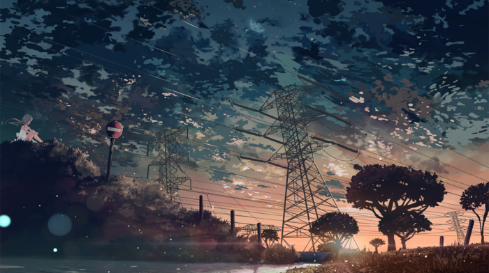 sunset, clouds, trees, anime, lake