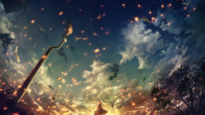 Hatsune Miku, warning signs, anime, clouds, sunset, trees