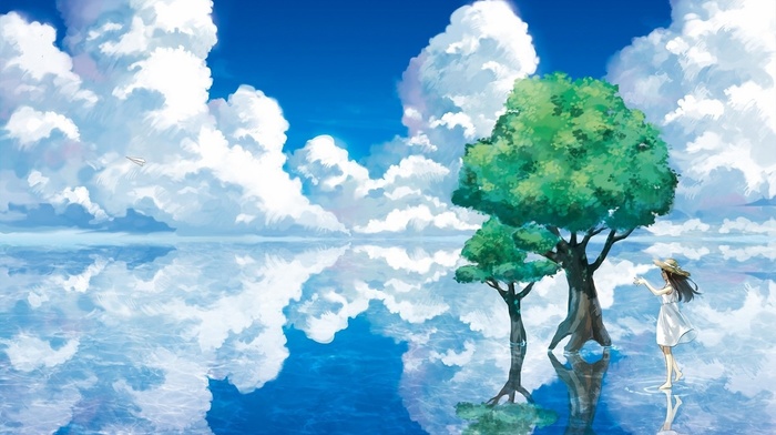 paperplanes, sea, anime, trees, clouds
