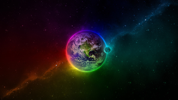 space, planet, stars, Earth, moon, colors