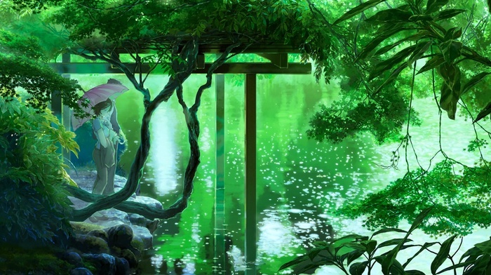 lake, anime, green, trees, umbrella