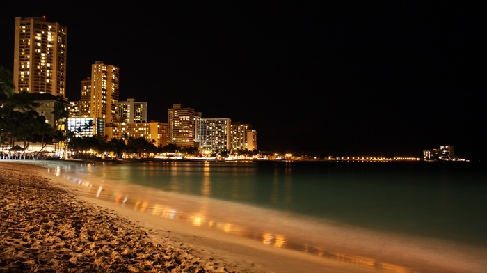 beach, clouds, night, Hava, lights