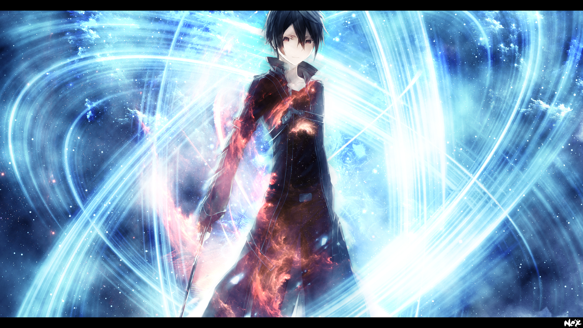 black eyes, red eyes, Sword Art Online, dark hair, anime, fire