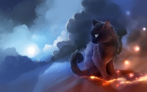 Apofiss, cat, glowing, clouds, artwork, anime
