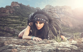 girl outdoors, rock, headdress