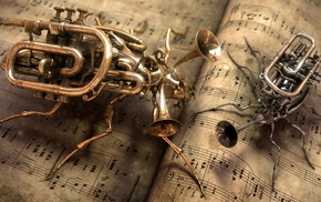 music, steampunk, insect, trumpets