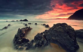 rock, sunset, mist, nature
