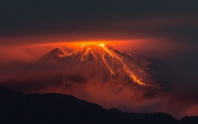 volcano, landscape, orange, nature, silhouette, lava