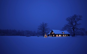 landscape, night, trees, snow, house