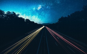 night, road, sky, lights, stars