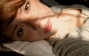 lying down, brown eyes, freckles