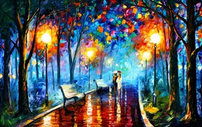 street light, couple, Leonid Afremov, painting, park, bench