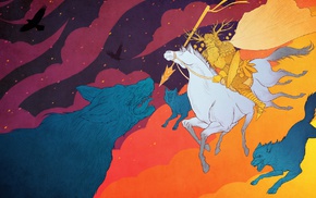horse riding, myth, Huginn, Fenris, Freki, colorful