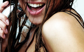 wet, girl, smiling, open mouth, brunette