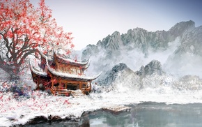 snow, winter, white, mountain, Japan, cherry blossom