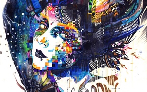 painting, surreal, Minjae Lee, mosaic, girl, face