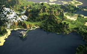 coast, trees, mountain, Minecraft, beach, grass