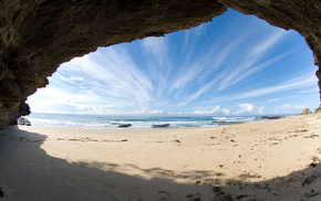 view, rock, cave, sand, coast