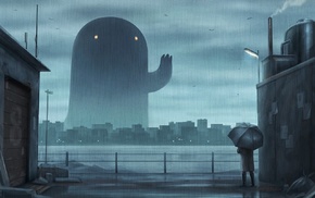 landscape, creature, umbrella, rain