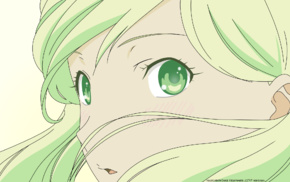 face, green hair, green eyes, looking back, simple