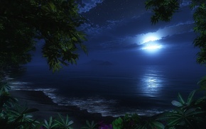 3D, moon, sea, trees