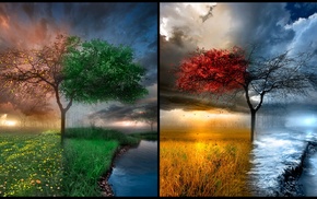 water, landscape, trees, clouds, seasons