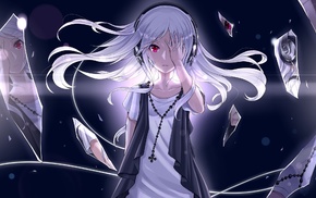 white hair, red eyes, anime, headphones, original characters