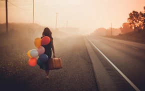 balloons, road, girl, sad
