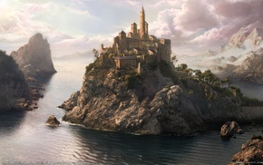 sea, fantasy, castle, mountain