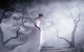fantasy, stairs, white dress