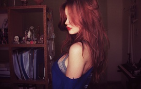 redhead, girl, hair in face, long hair, red lipstick