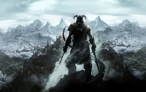snow, The Elder Scrolls V Skyrim, fantasy art, sword, mountain, landscape
