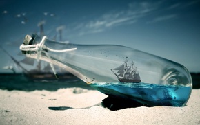 bottles, sunset, sand, beach, ship