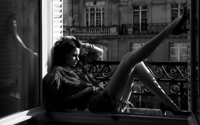 reflection, monochrome, window sill, balconies, brunette, girl