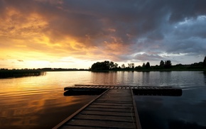 sunset, landscape, lake, nature, HDR