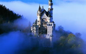 mist, castle, mountain, cities, Germany