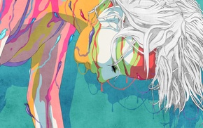 white hair, girl, artwork, colorful