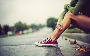 girl, Converse, alone, leaves, legs, rain
