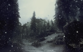 artwork, snow, trees, depth of field, video games, The Elder Scrolls V Skyrim