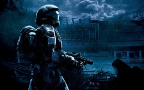 gun, soldier, rain, Halo, video games