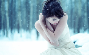 white dress, girl, winter, brunette, pale, snow