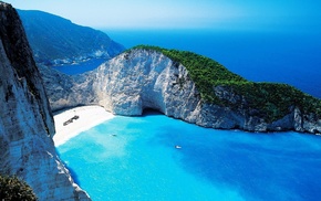 boat, navagio beach, Greece, anime, cliff, beach