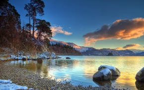 lake, nature, rock, landscape, sunset